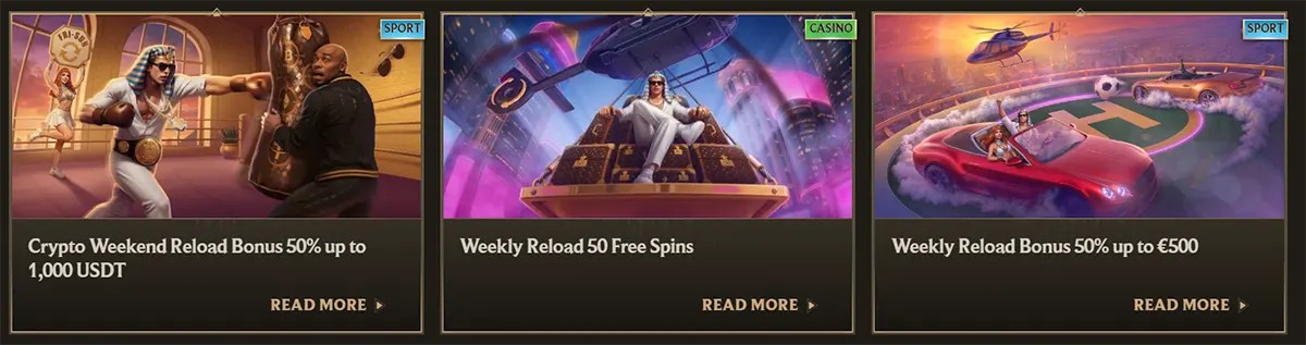 Casino and sports promo cards featuring a crypto weekend reload bonus up to 1,000 USDT, a weekly reload with 50 free spins, and a weekly reload bonus of 50% up to €500, each with illustrated luxury-themed artwork and “Read More” links on a dark gold interface.