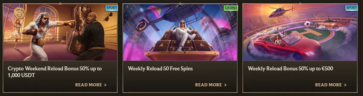 Casino and sports promo cards featuring a crypto weekend reload bonus up to 1,000 USDT, a weekly reload with 50 free spins, and a weekly reload bonus of 50% up to €500, each with illustrated luxury-themed artwork and “Read More” links on a dark gold interface.