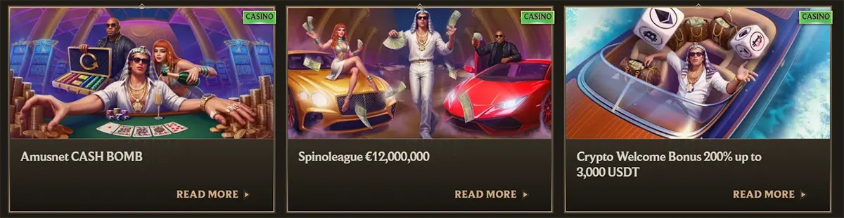 Casino promo cards featuring Amusnet Cash Bomb, a Spinoleague €12,000,000 campaign, and a crypto welcome bonus of 200% up to 3,000 USDT, each with luxury-themed artwork and “Read More” links on a dark gold interface.