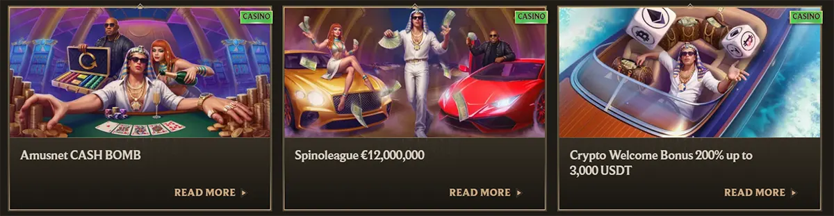 Casino promo cards featuring Amusnet Cash Bomb, a Spinoleague €12,000,000 campaign, and a crypto welcome bonus of 200% up to 3,000 USDT, each with luxury-themed artwork and “Read More” links on a dark gold interface.