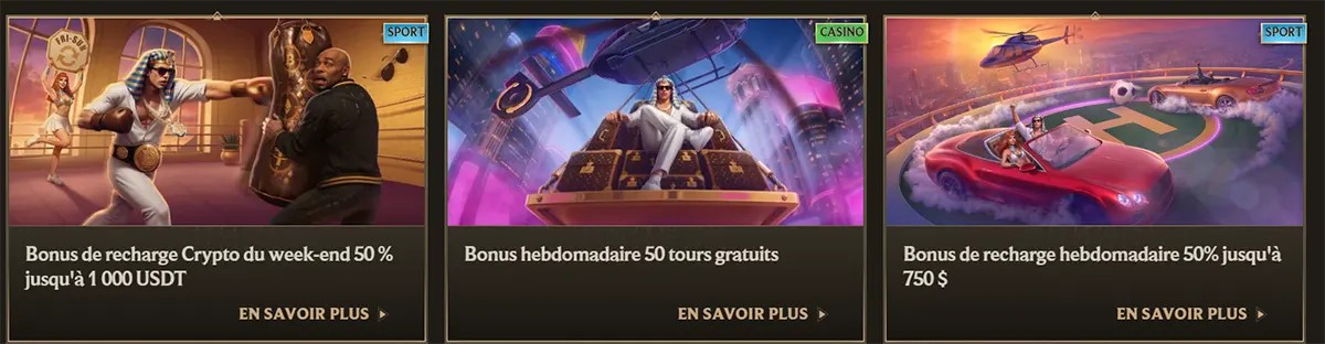 French casino and sports promo cards featuring a 50% crypto weekend reload bonus up to 1,000 USDT, a weekly bonus with 50 free spins, and a weekly reload bonus of 50% up to $750, each with luxury-themed artwork and “En savoir plus” links on a dark gold interface.