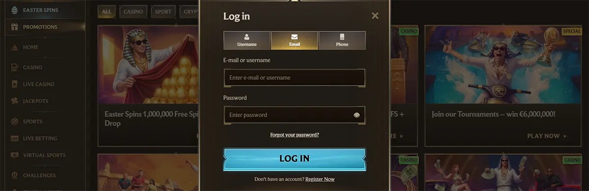 Casino login popup with username, email, and phone sign-in tabs, email or username and password fields, forgot password link, bright blue log in button, and register prompt on a dark gold promotions page.