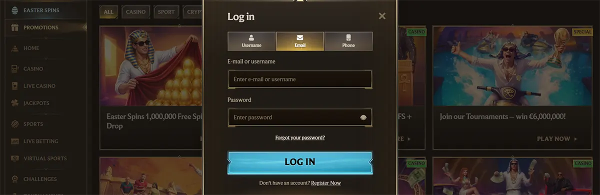 Casino login popup with username, email, and phone sign-in tabs, email or username and password fields, forgot password link, bright blue log in button, and register prompt on a dark gold promotions page.