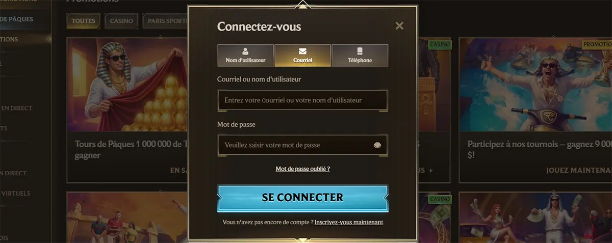 French casino login popup with username, email, and phone sign-in tabs, email or username and password fields, forgot password link, bright blue “Se connecter” button, and registration prompt on a dark gold promotions page.